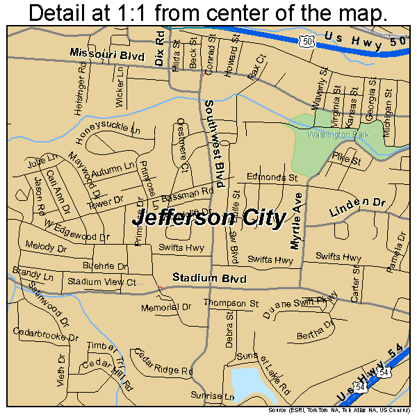 Jefferson City, Missouri road map detail