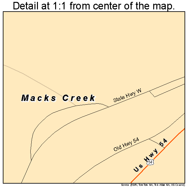 Macks Creek, Missouri road map detail