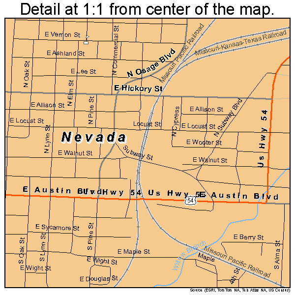 Nevada, Missouri road map detail