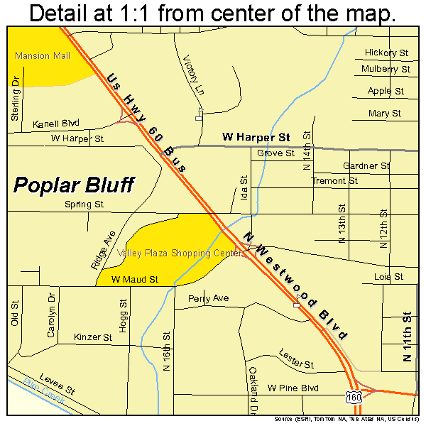 Poplar Bluff, Missouri road map detail