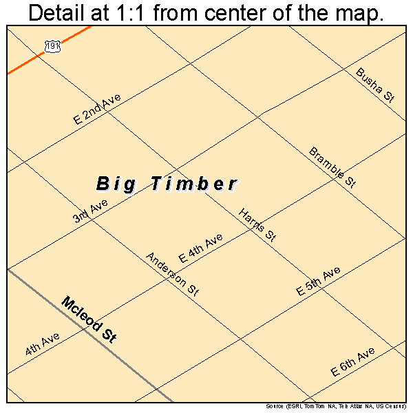 Big Timber, Montana road map detail