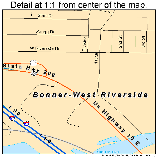 Bonner-West Riverside, Montana road map detail