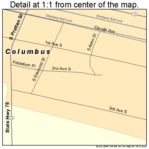Columbus, Montana road map detail