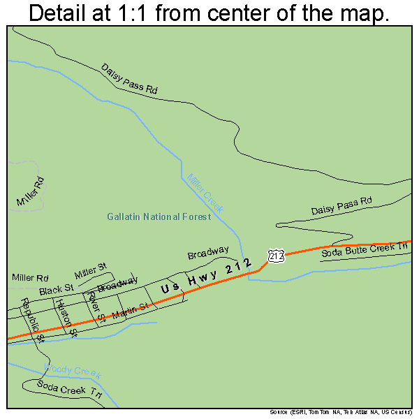 Cooke City-Silver Gate, Montana road map detail