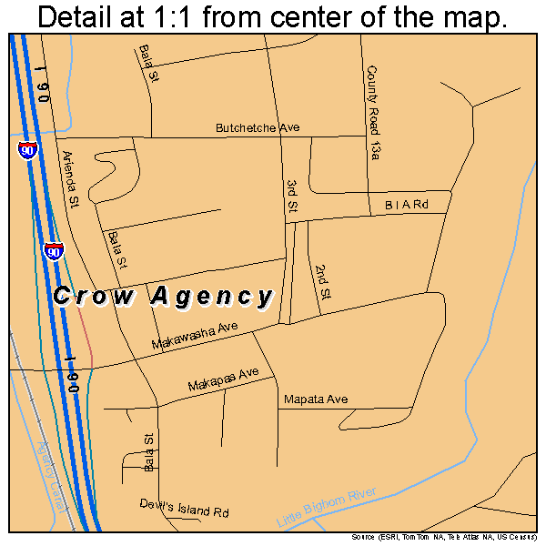 Crow Agency, Montana road map detail