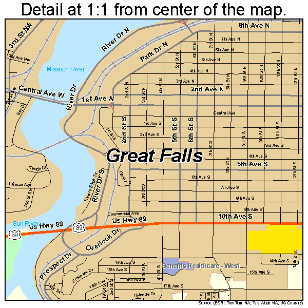 Great Falls, Montana road map detail