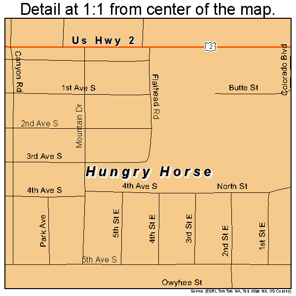 Hungry Horse, Montana road map detail