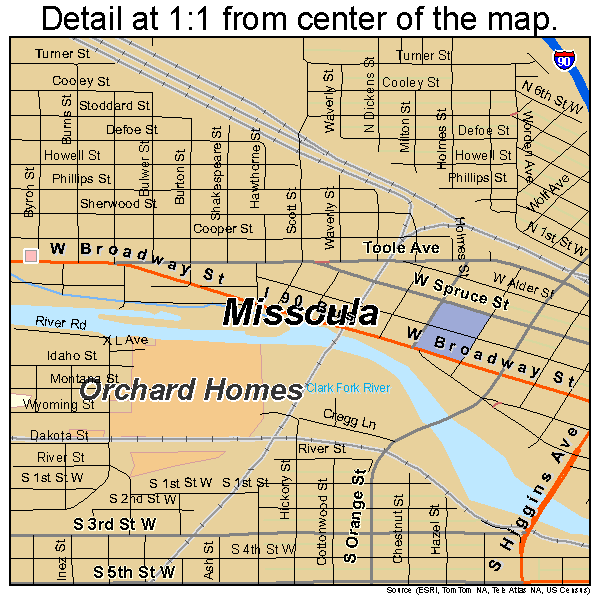 Missoula, Montana road map detail