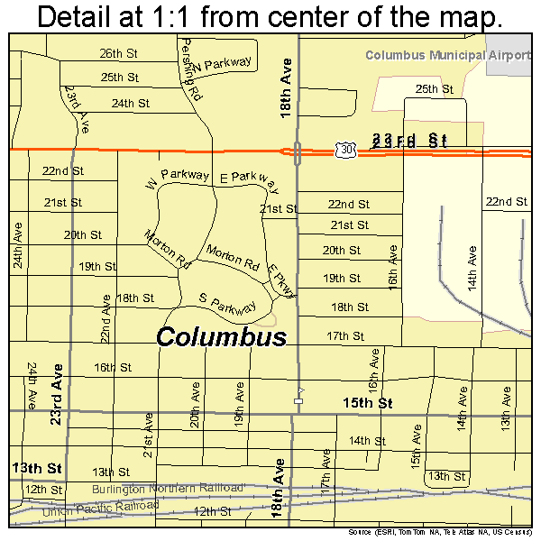 Columbus, Nebraska road map detail