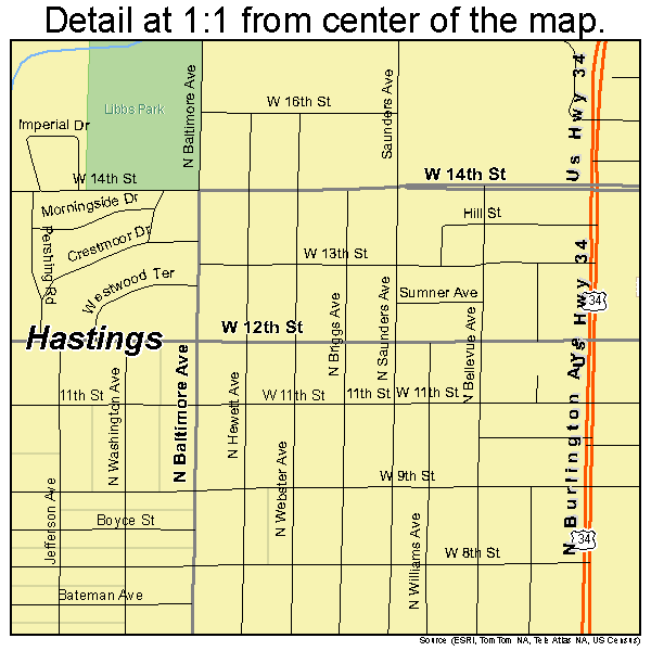 Hastings, Nebraska road map detail
