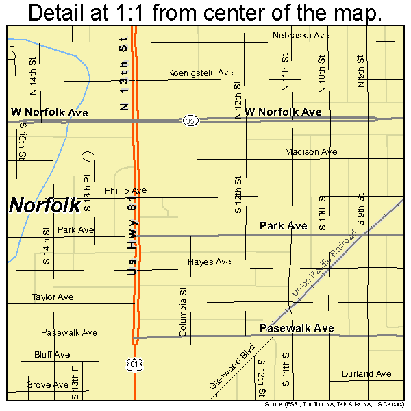 Norfolk, Nebraska road map detail