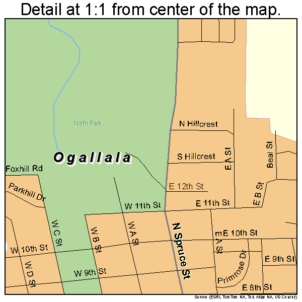 Ogallala, Nebraska road map detail