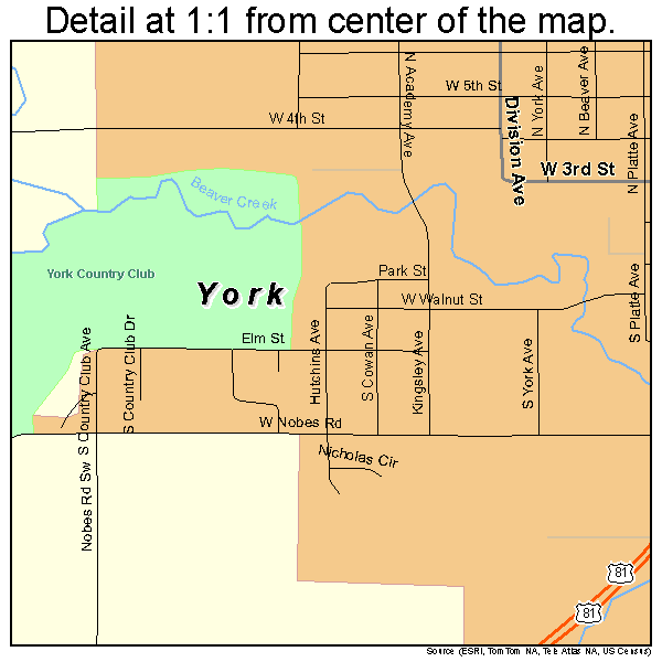 York, Nebraska road map detail