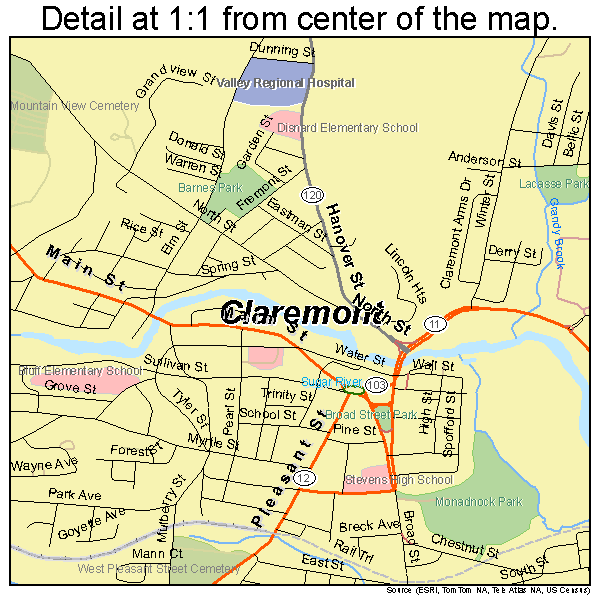 Claremont, New Hampshire road map detail