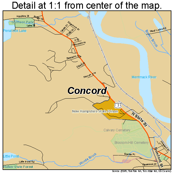 Concord, New Hampshire road map detail