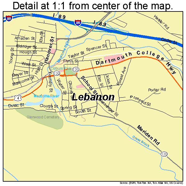 Lebanon, New Hampshire road map detail