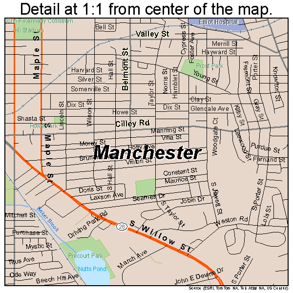 Manchester, New Hampshire road map detail