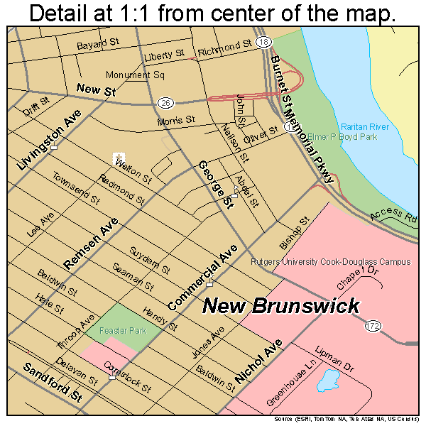 New Brunswick, New Jersey road map detail