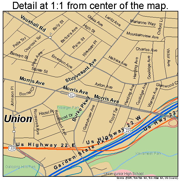 Union, New Jersey road map detail