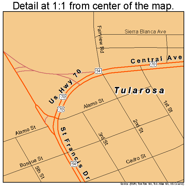 Tularosa, New Mexico road map detail