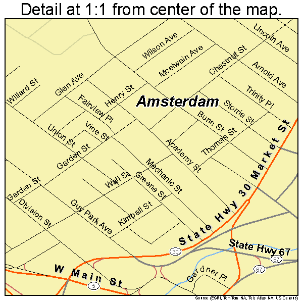 Amsterdam, New York road map detail