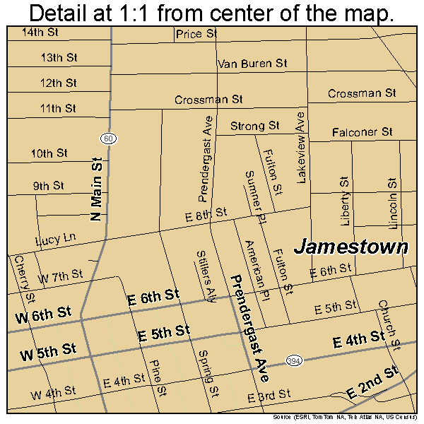 Jamestown, New York road map detail