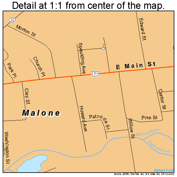 Malone, New York road map detail