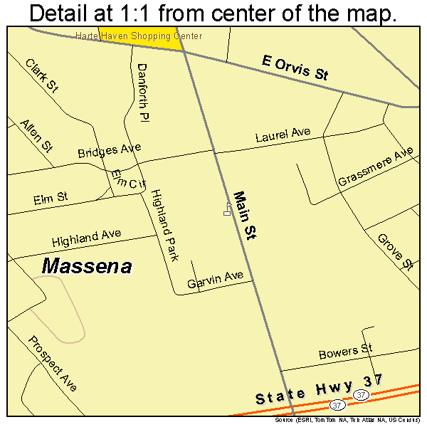 Massena, New York road map detail