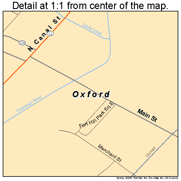 Oxford, New York road map detail