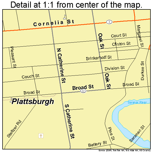 Plattsburgh, New York road map detail