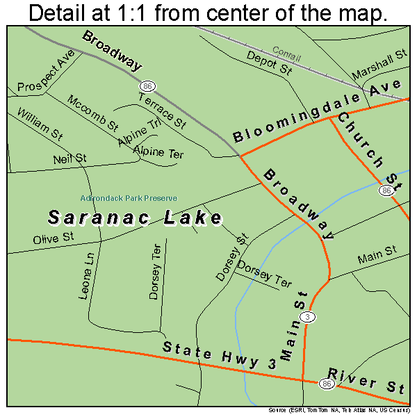 Saranac Lake, New York road map detail