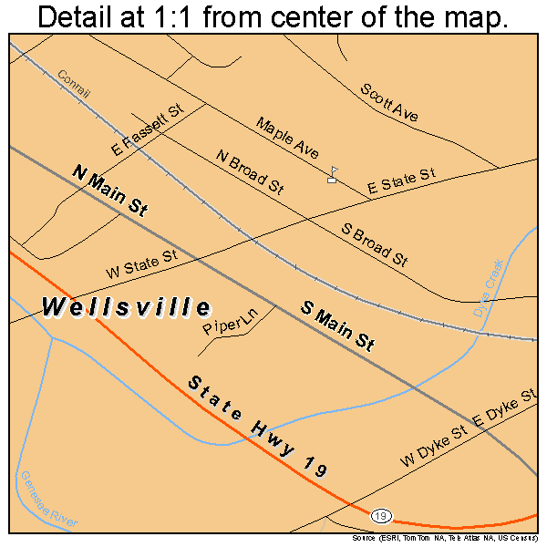 Wellsville, New York road map detail