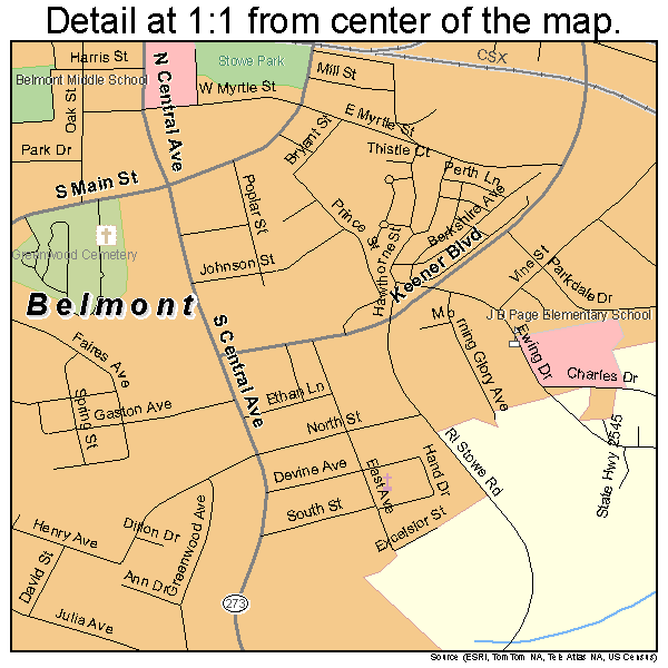 Belmont, North Carolina road map detail