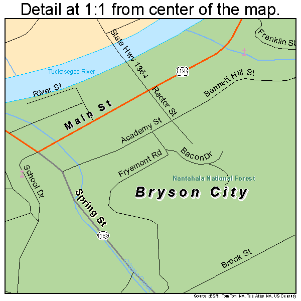 Bryson City, North Carolina road map detail