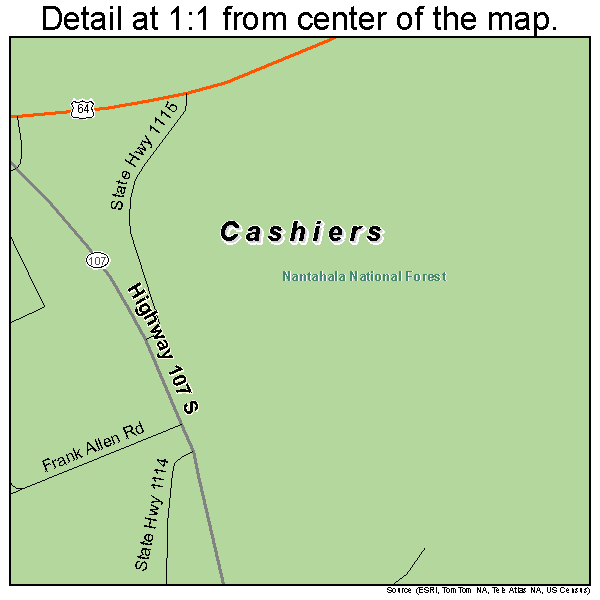 Cashiers, North Carolina road map detail