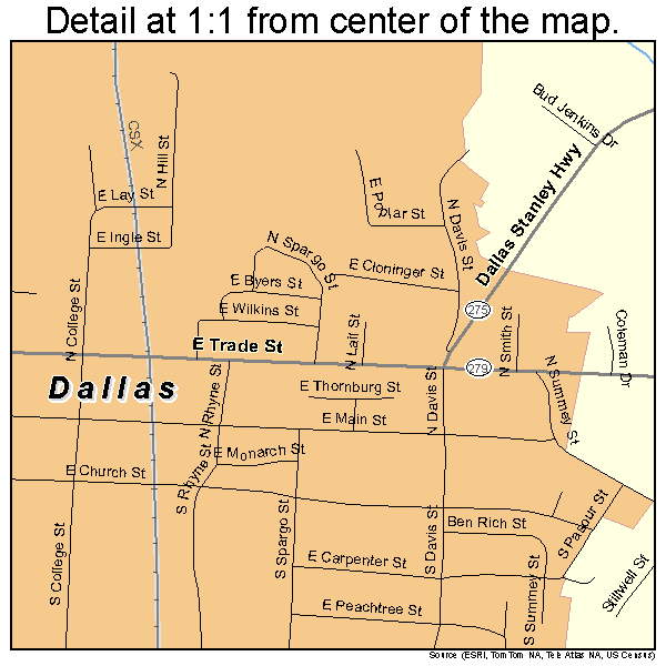Dallas, North Carolina road map detail