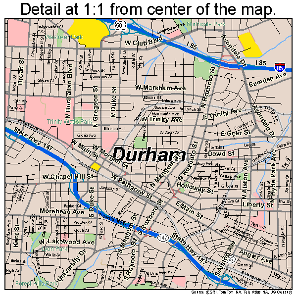 Durham, North Carolina road map detail