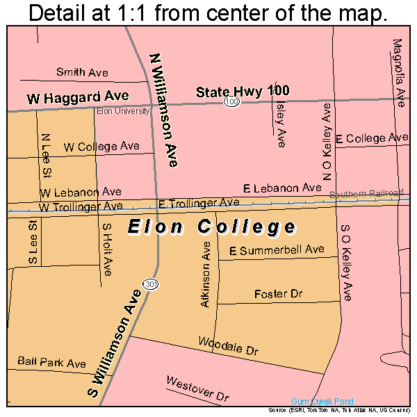Elon College, North Carolina road map detail
