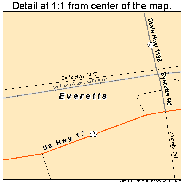 Everetts, North Carolina road map detail