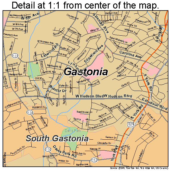 Gastonia, North Carolina road map detail