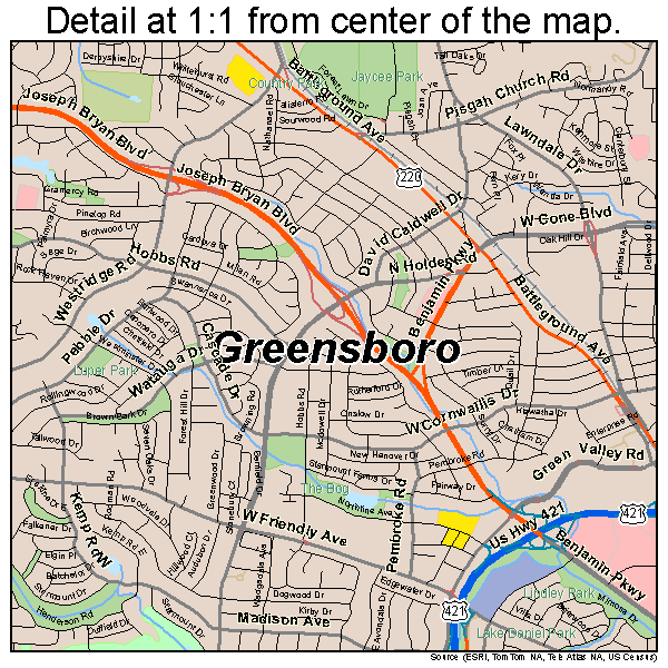 Greensboro, North Carolina road map detail