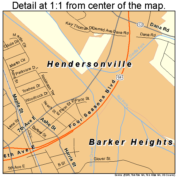 Hendersonville, North Carolina road map detail