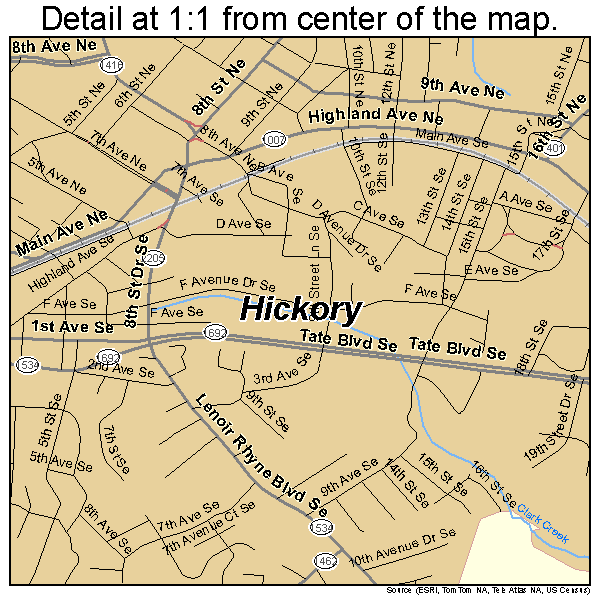 Hickory, North Carolina road map detail