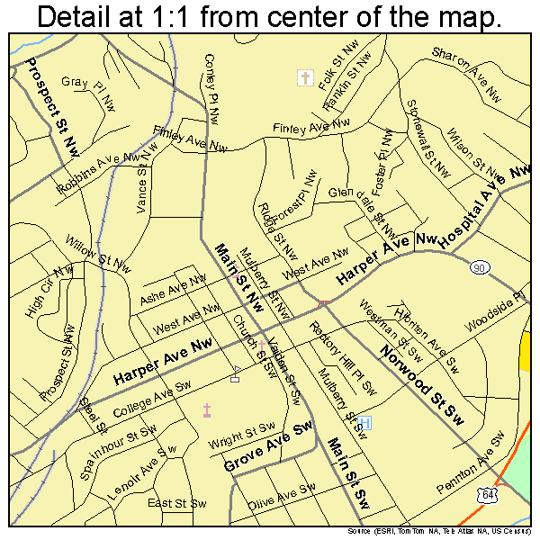 Lenoir, North Carolina road map detail