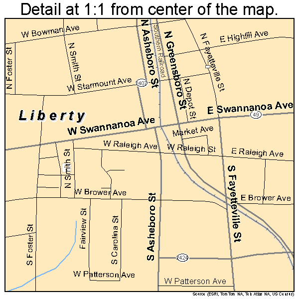 Liberty, North Carolina road map detail