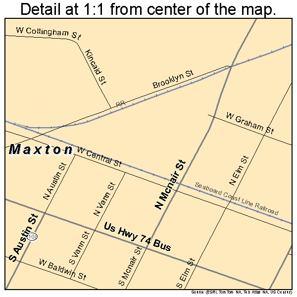 Maxton, North Carolina road map detail