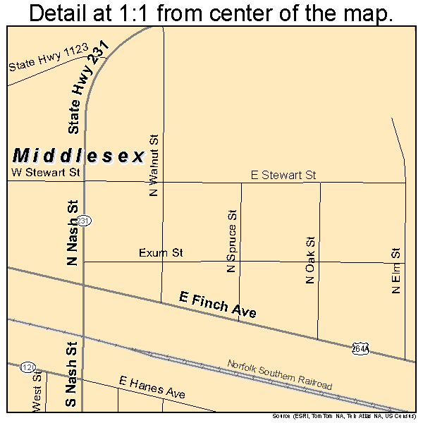 Middlesex, North Carolina road map detail