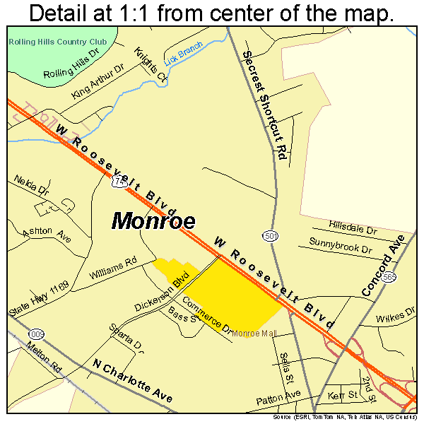 Monroe, North Carolina road map detail