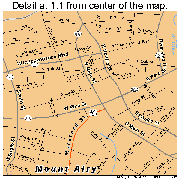 Mount Airy, North Carolina road map detail