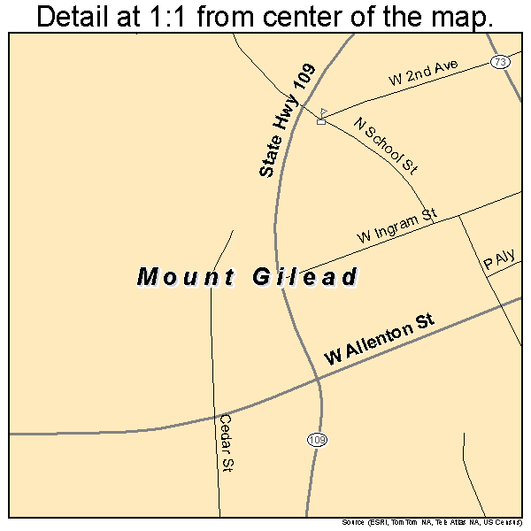 Mount Gilead, North Carolina road map detail
